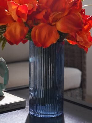 Blue Ribbed Straight Glass Vase - Medium