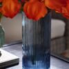 Blue Ribbed Straight Glass Vase - Medium