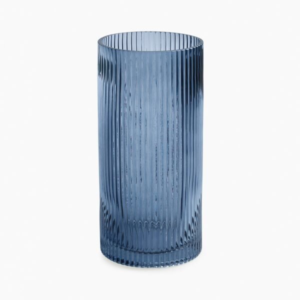 Blue Ribbed Straight Glass Vase - Medium