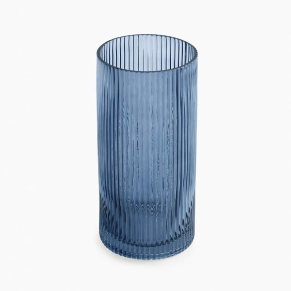 Blue Ribbed Straight Glass Vase - Medium