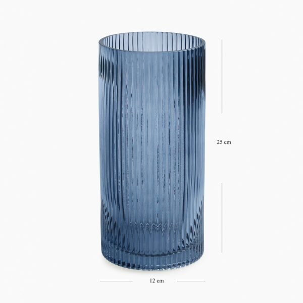 Blue Ribbed Straight Glass Vase - Medium