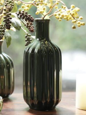 Dark Green Ribbed Tall Ceramic Vase - Large