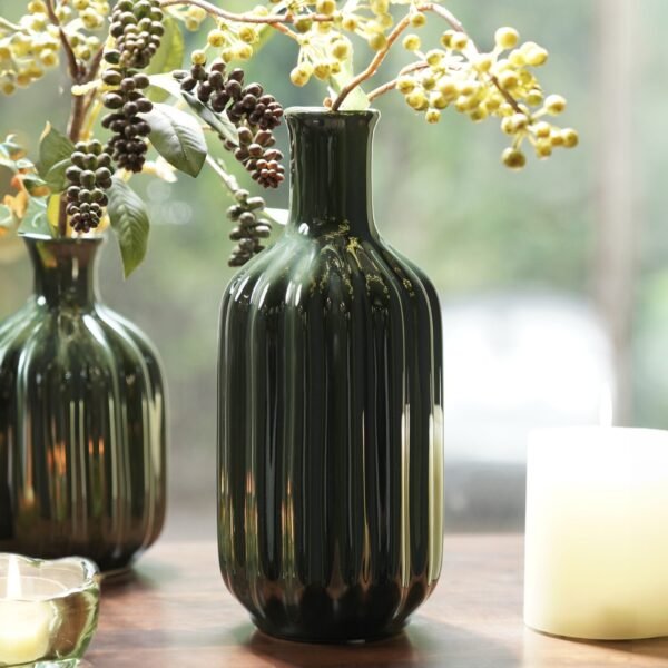 8907895135775_1.jpg Dark Green Ribbed Tall Ceramic Vase - Large