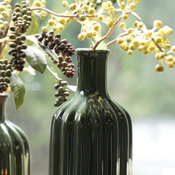 8907895135775_2.jpg Dark Green Ribbed Tall Ceramic Vase - Large