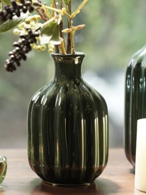 Dark Green Ribbed Tall Ceramic Vase - Small