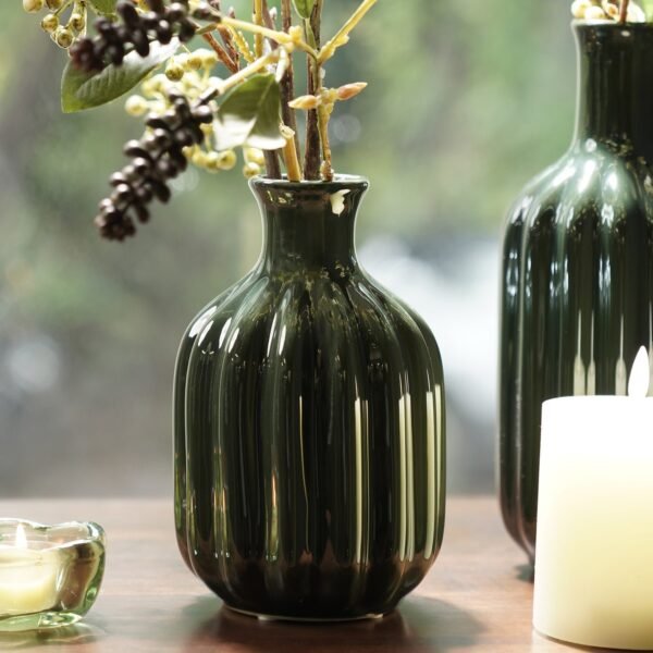 8907895135782_1.jpg Dark Green Ribbed Tall Ceramic Vase - Small