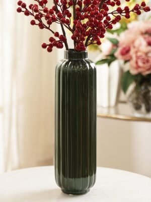 Dark Green Ribbed Tall Linear Ceramic Vase