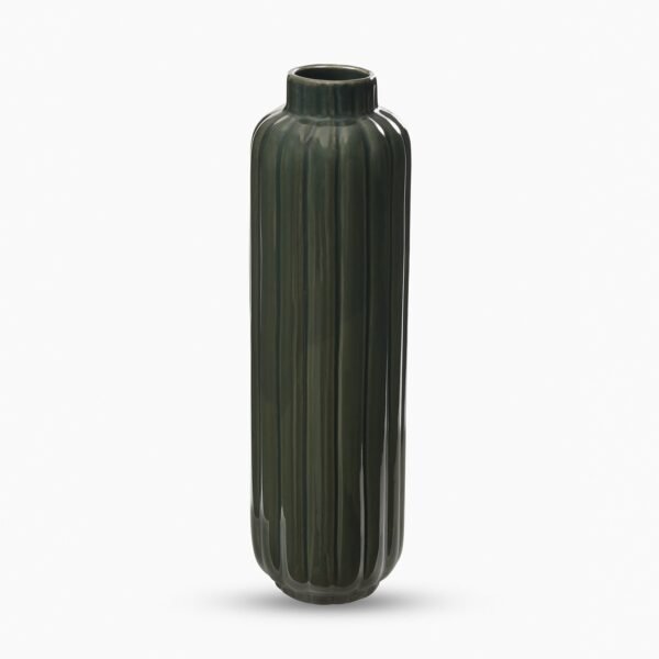 Dark Green Ribbed Tall Linear Ceramic Vase