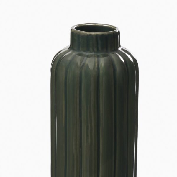 Dark Green Ribbed Tall Linear Ceramic Vase