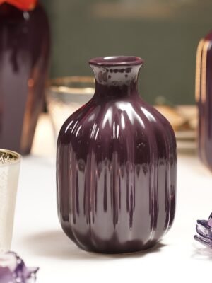 Dark Purple Ribbed Tall Ceramic Vase - Small