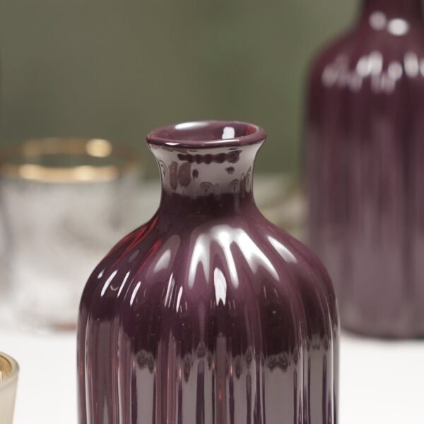 8907895135843_2.jpg Dark Purple Ribbed Tall Ceramic Vase - Small