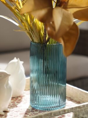 Teal Ribbed Straight Glass Vase - Small