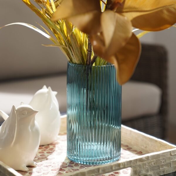 Teal Ribbed Straight Glass Vase - Small
