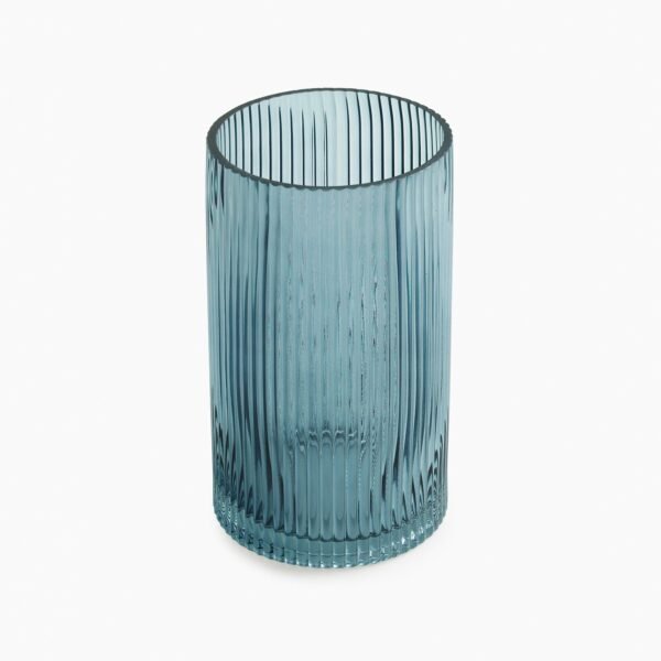 Teal Ribbed Straight Glass Vase - Small
