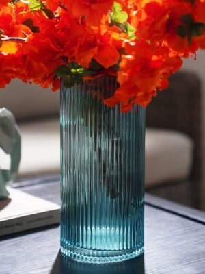 Teal Ribbed Straight Glass Vase - Medium