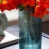Teal Ribbed Straight Glass Vase - Medium