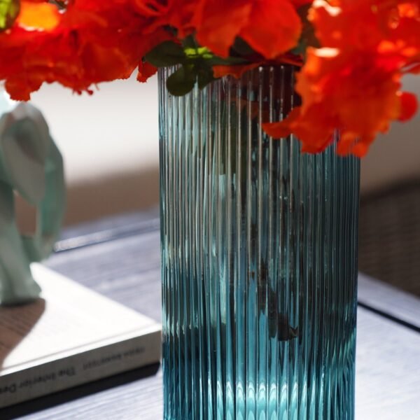 Teal Ribbed Straight Glass Vase - Medium