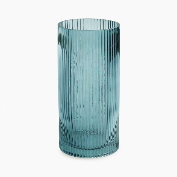 Teal Ribbed Straight Glass Vase - Medium