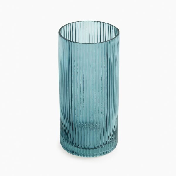Teal Ribbed Straight Glass Vase - Medium